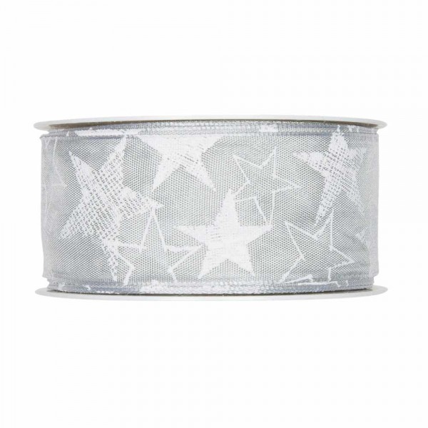 Geschenkband "Sterne" grau/weiß 40mm 25m